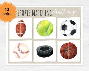 Sport Symmetry Puzzle Printable Cards. Matching Memory Challenge for Toddlers. Puzzle Activity Set for Toddlers.