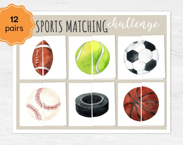 Sport Symmetry Puzzle Printable Cards. Matching Memory Challenge for Toddlers. Puzzle Activity Set for Toddlers.