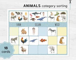 Preschool Animal Sorting activity. Printable Montessori math study.