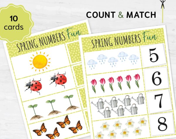 SPRING Numbers Count & Match Activity. Printable Counting Game, Preschool Math, Number Recognition