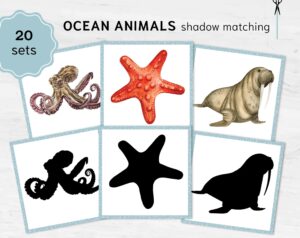 Ocean animals shadow matching cards. Montessori Educational Materials. Printable Watercolor sea animal cards.