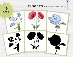 Flowers shadow matching cards. Montessori-based learning activity for preschoolers. Silhouette match game with flowers.