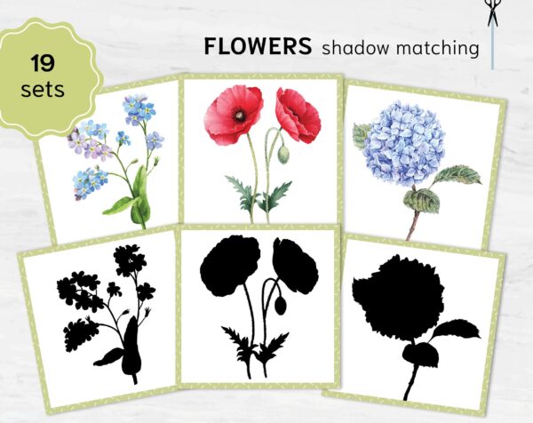 Flowers shadow matching cards. Montessori-based learning activity for preschoolers. Silhouette match game with flowers.