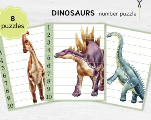 Dinosaur Number Sequence Printable Puzzle. Montessori Preschool Math Activity for Kindergarten and Homeschool Resource