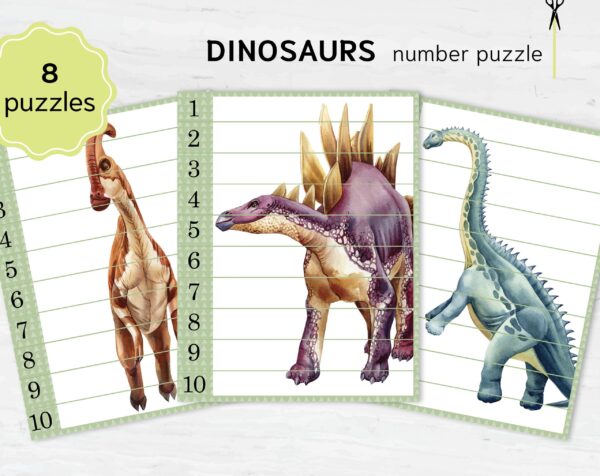 Dinosaur Number Sequence Printable Puzzle. Montessori Preschool Math Activity for Kindergarten and Homeschool Resource