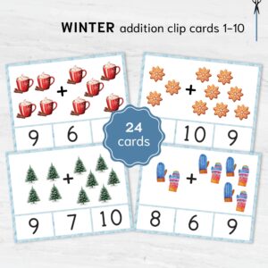 Addition count & clip cards printable winter activity. Preschool math with number recognition.