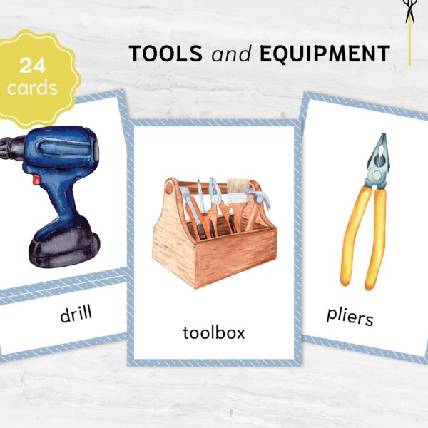 Watercolor TOOLS flashcards. Printable Homeschooling Materials. Nomenclature Learning. Educational 3 part cards.