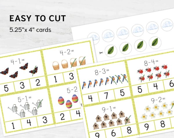 Spring Subtraction Clip Cards for Preschool Math | Montessori Math Practice Worksheets