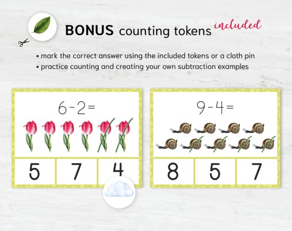 Spring Subtraction Clip Cards for Preschool Math | Montessori Math Practice Worksheets