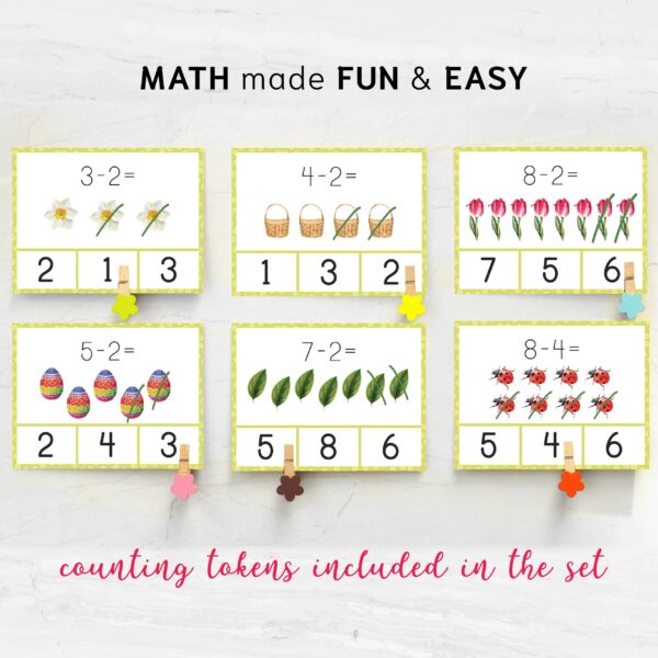 Spring Subtraction Clip Cards for Preschool Math | Montessori Math Practice Worksheets