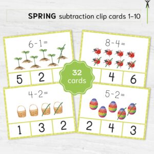 Spring Subtraction Clip Cards for Preschool Math | Montessori Math Practice Worksheets