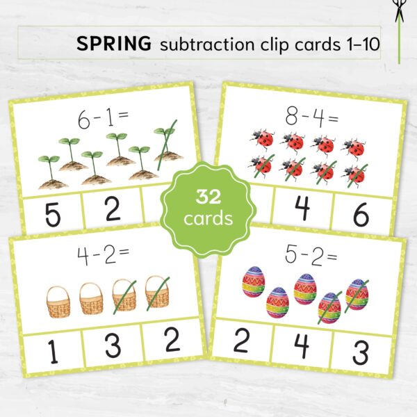 Spring Subtraction Clip Cards for Preschool Math | Montessori Math Practice Worksheets