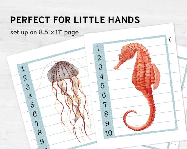 Sea Animals Number Sequence Puzzle. Montessori Kindergarten and Homeschool Resource.