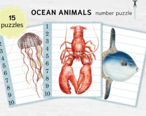 Sea Animals Number Sequence Puzzle. Montessori Kindergarten and Homeschool Resource.