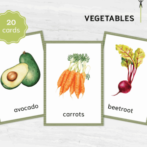 Montessori vegetable flashcards. Printable vocabulary cards for homeschooling.