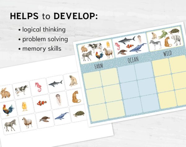 Preschool Animal Sorting activity. Printable Montessori math study.