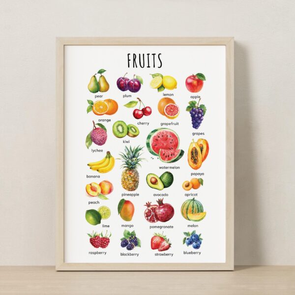Watercolor Fruits Poster – Educational Wall Art for Kids | Montessori-Inspired Digital Print