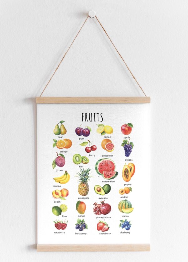 Watercolor Fruits Poster – Educational Wall Art for Kids | Montessori-Inspired Digital Print