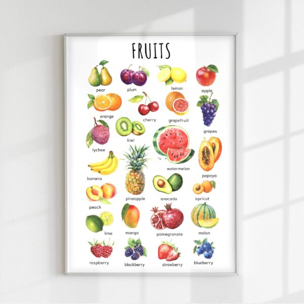 Watercolor Fruits Poster – Educational Wall Art for Kids | Montessori-Inspired Digital Print