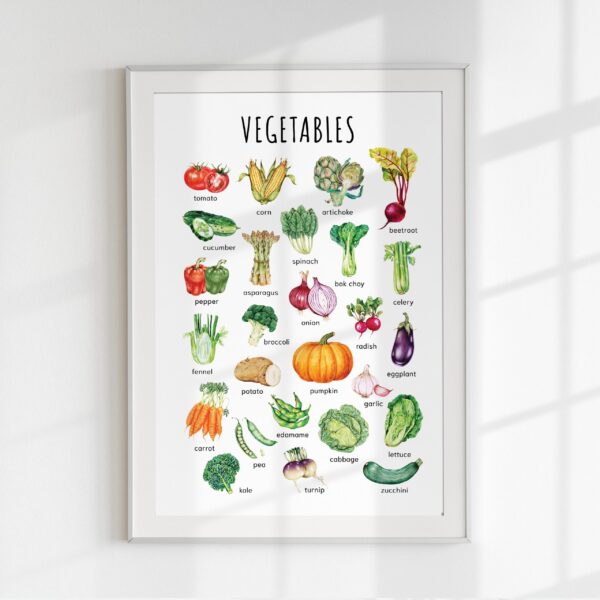 Watercolor Vegetables Poster – Educational Wall Art for Kids | Montessori-Inspired Digital Print