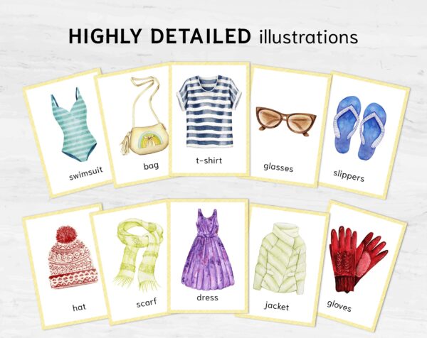 Montessori Clothes Flashcards - a Printable Homeschool Material with Nomenclature Vocabulary Cards. +BONUS