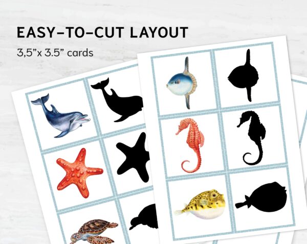 Ocean animals shadow matching cards. Montessori Educational Materials. Printable Watercolor sea animal cards.