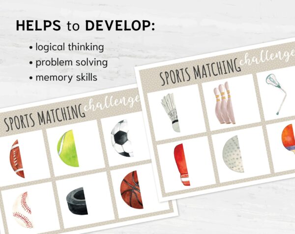 Sport Symmetry Puzzle Printable Cards. Matching Memory Challenge for Toddlers. Puzzle Activity Set for Toddlers.