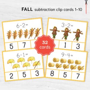 Montessori Autumn Subtraction Fun! Preschool math with number recognition. Fun montessori math practice worksheets.