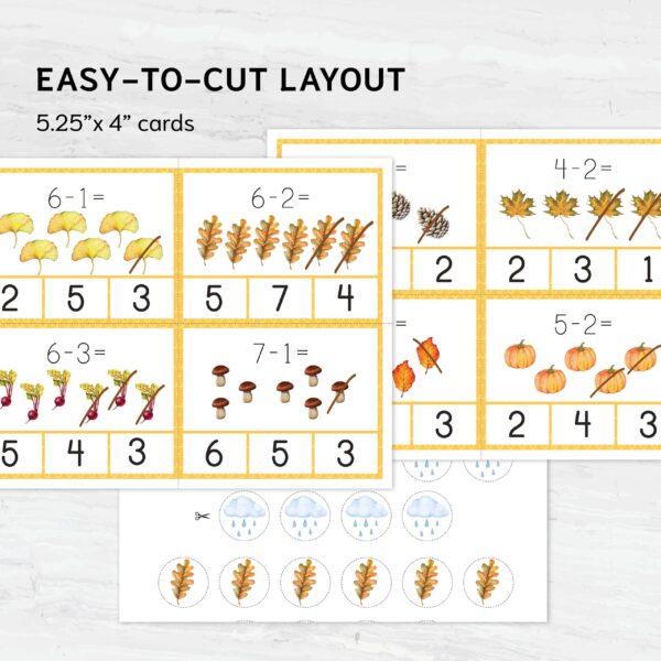 Montessori Autumn Subtraction Fun! Preschool math with number recognition. Fun montessori math practice worksheets.