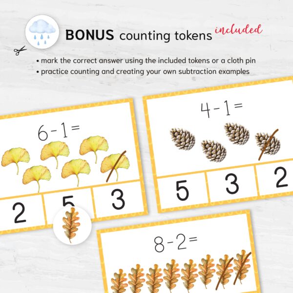 Montessori Autumn Subtraction Fun! Preschool math with number recognition. Fun montessori math practice worksheets.