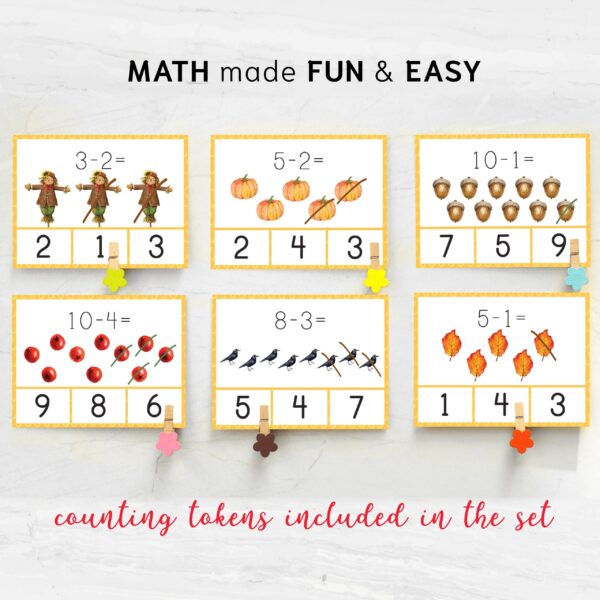 Montessori Autumn Subtraction Fun! Preschool math with number recognition. Fun montessori math practice worksheets.