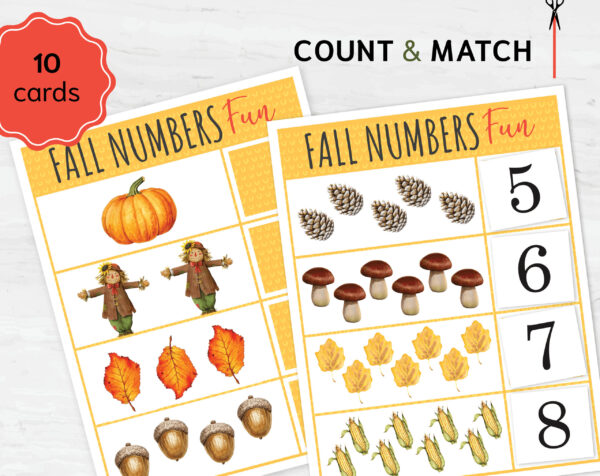 Fall Numbers Fun: Count & Match Activity for Toddlers. Printable Counting Game, Preschool Math, Number Recognition.