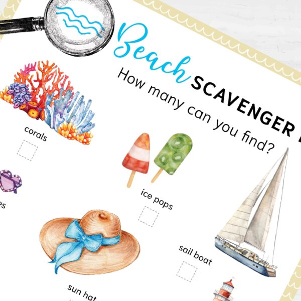 Beach Scavenger Hunt. Printable Summer Nature Activity. Outdoor Beach Adventure Game Download for Kids