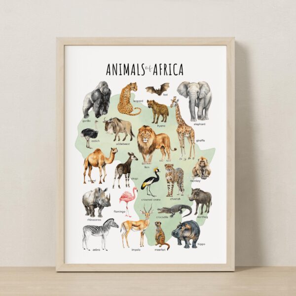 Animals of Africa Educational Poster – Watercolor Wildlife Map | Montessori & Homeschool Printable