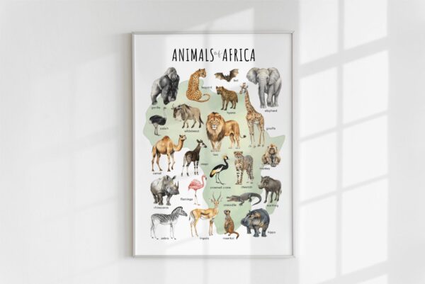 Animals of Africa Educational Poster – Watercolor Wildlife Map | Montessori & Homeschool Printable