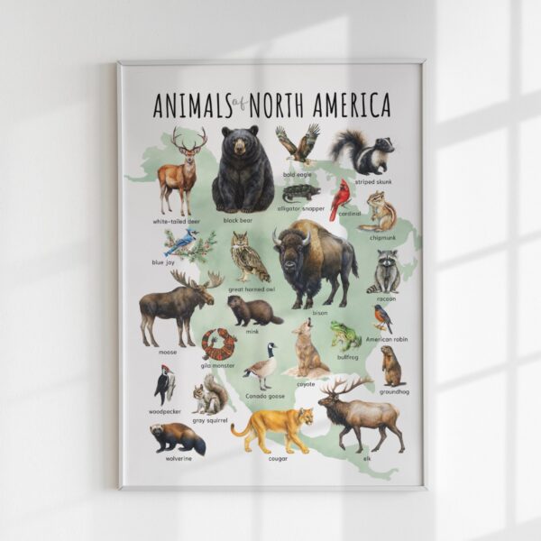 North American Animals Educational Poster – Watercolor Wildlife Map | Montessori & Homeschool Printable