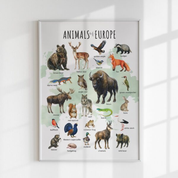 Animals of Europe Educational Poster – Watercolor Wildlife Map | Montessori & Homeschool Printable