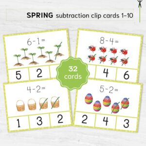Spring Math Subtraction Clip Cards for Preschool | Montessori Math Practice Worksheets
