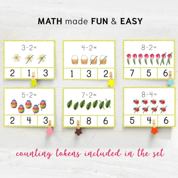 Spring Math Subtraction Clip Cards for Preschool | Montessori Math Practice Worksheets