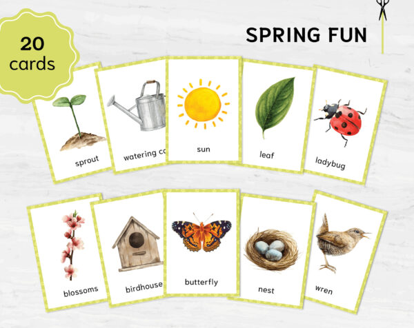 Printable Spring Flashcards: Montessori Vocabulary Materials for Preschool in Watercolor