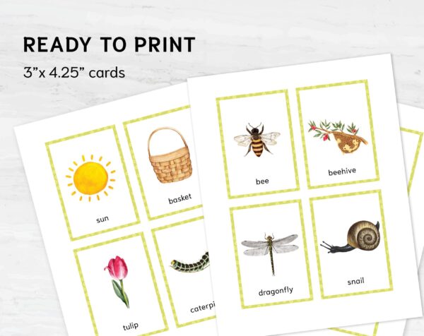 Printable Spring Flashcards: Montessori Vocabulary Materials for Preschool in Watercolor