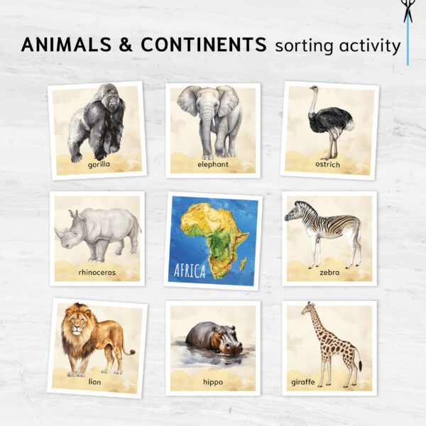 Animals Continents Matching Adventure. Printable Montessori Geographic Exploration. BONUS: 7 continents posters.