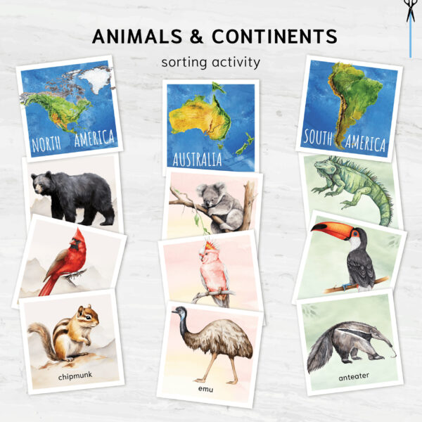 Animals Continents Matching Adventure. Printable Montessori Geographic Exploration. BONUS: 7 continents posters.