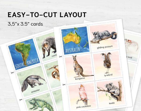 Animals Continents Matching Adventure. Printable Montessori Geographic Exploration. BONUS: 7 continents posters.