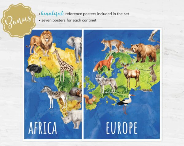 Animals Continents Matching Adventure. Printable Montessori Geographic Exploration. BONUS: 7 continents posters.