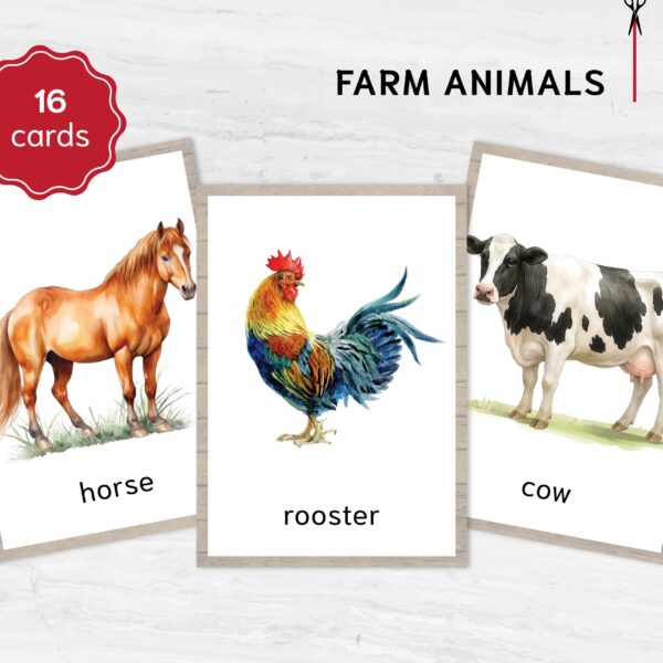 Watercolor Farm Animal Flashcards. Printable Montessori Material with Nomenclature Vocabulary Card