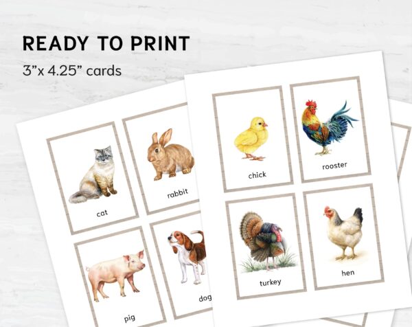 Watercolor Farm Animal Flashcards. Printable Montessori Material with Nomenclature Vocabulary Card