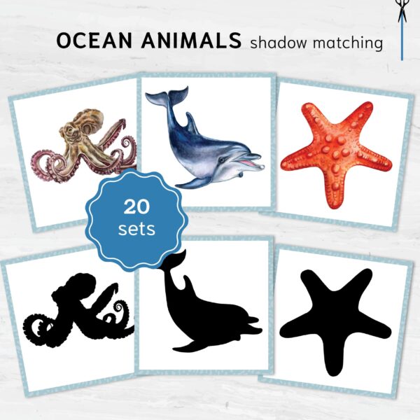 Ocean shadow matching cards. Printable Watercolor sea animal cards. Montessori Educational Materials.