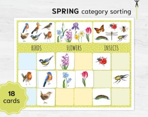 Spring Sorting Game: Montessori Math, Flowers, Birds, Insects (Printable)