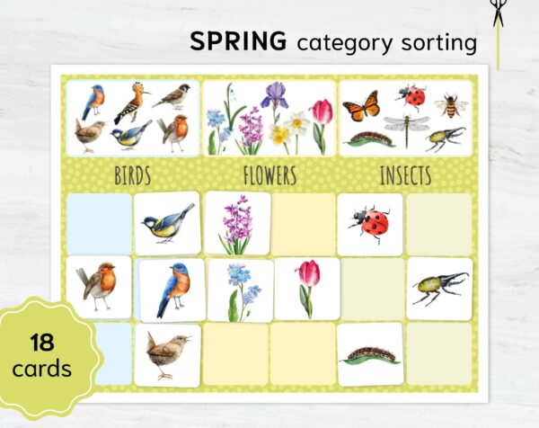 Spring Sorting Game: Montessori Math, Flowers, Birds, Insects (Printable)